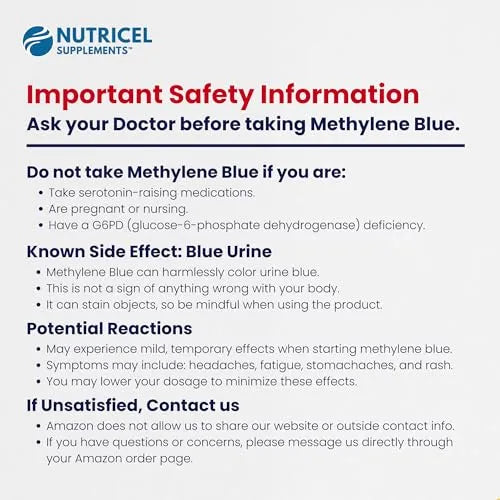 Nutricel Supplements safety information card for Methylene Blue