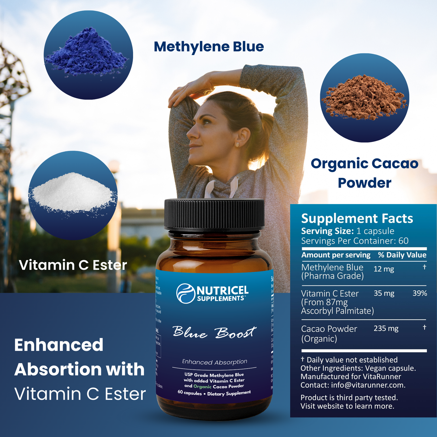 Blue Boost | Methylene Blue Capsules with Vitamin C Ester and Organic Cacao Powder