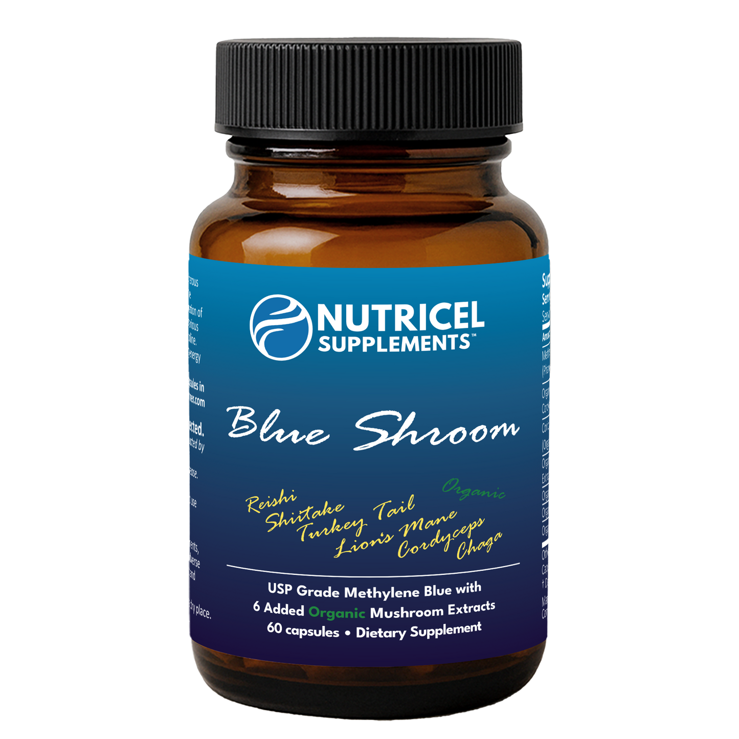 Blue Shroom | Methylene Blue Capsules with Mushroom Extracts: Lion's Mane, Reishi, Cordyceps, Chaga, Shiitake, and Turkey Tail