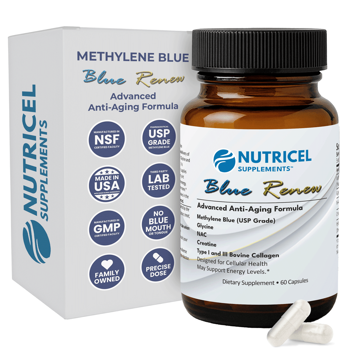 Methylene Blue Pharmaceutical Grade Capsules, with Added Glycine + NAC for Enhanced Antioxidant Activity, Collagen and Creatine for Anti-Aging Support, Youth and Longevity Formula