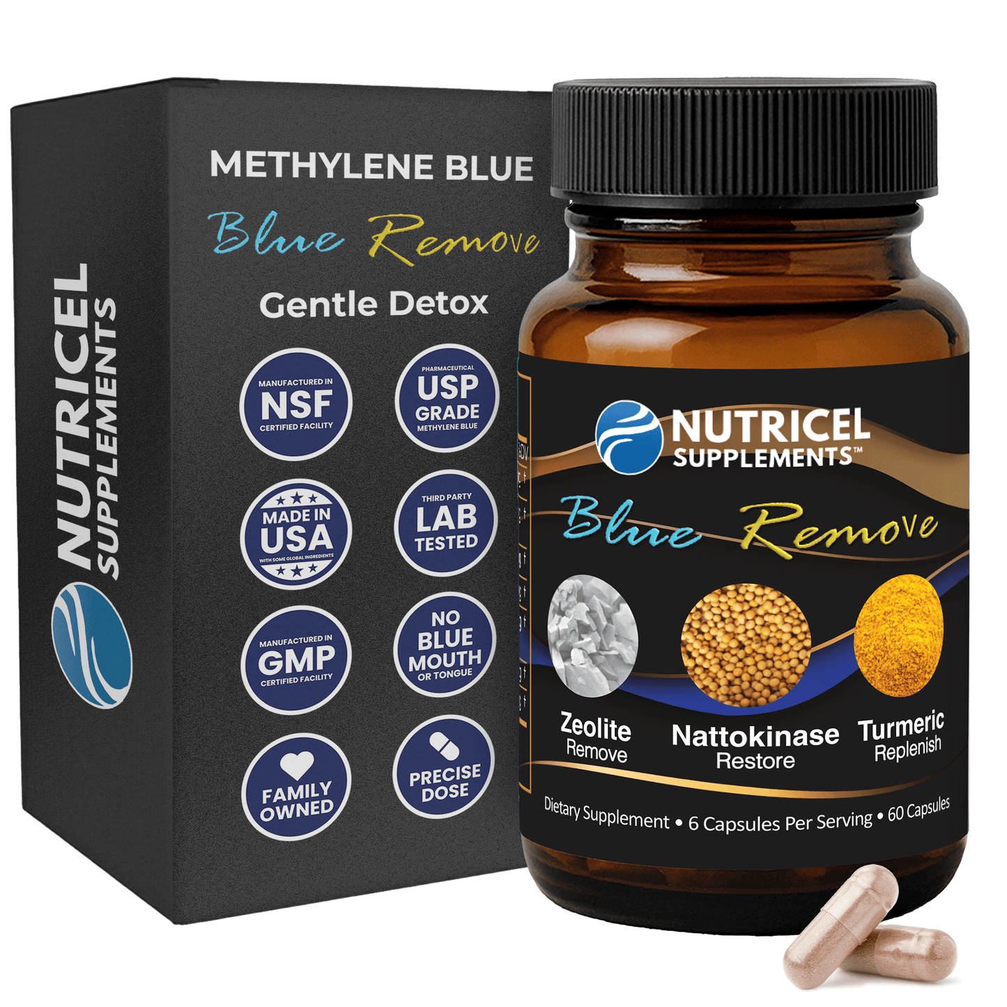 Blue Remove | Methylene Blue Capsules with Activated Zeolite, Non-GMO Nattokinase, and Curcurmin