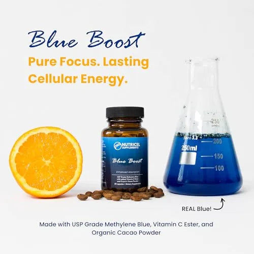 Nutritional supplement bottle labeled 'Blue Boost' with an orange, pills, and a beaker of blue liquid on a white background.