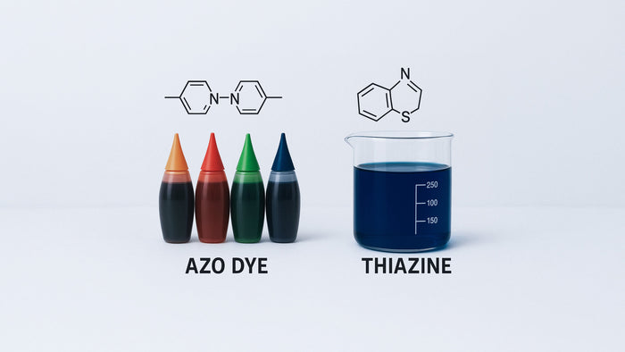 comparison image showing colorful azo dye bottles on the left and a blue thiazine solution in a beaker on the right with chemical structures displayed above each dye type