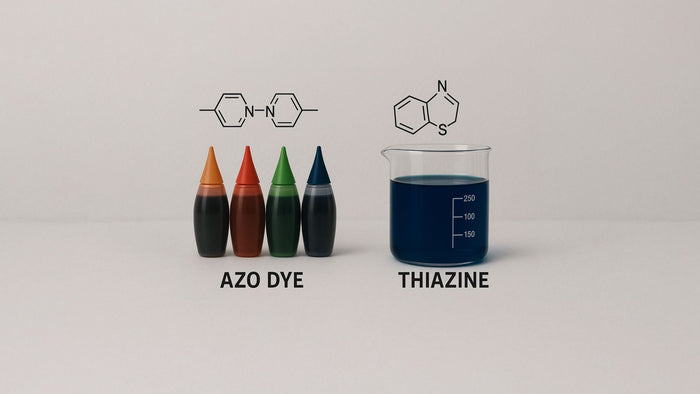 comparison image showing colorful azo dye bottles on the left and a blue thiazine solution in a beaker on the right with chemical structures displayed above each dye type