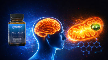 Nutricel Blue Boost methylene blue supplement bottle with human brain mitochondria ATP energy and molecular structure illustrating cellular energy support