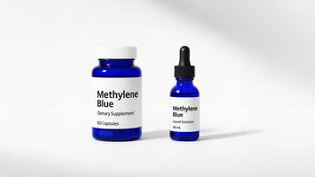 Generic methylene blue capsules and liquid supplement in blue glass bottles no branding minimal design pharmaceutical style dropper bottle and capsule bottle dietary supplement