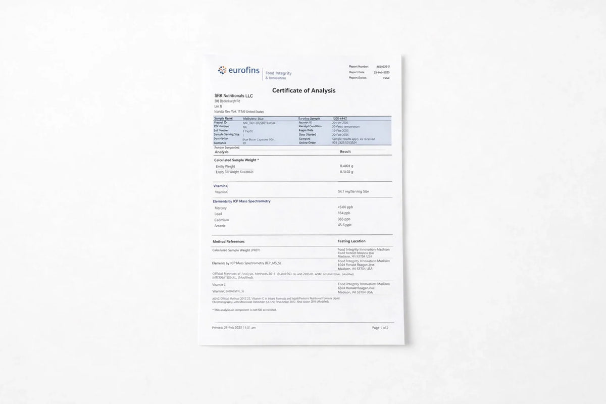 certificate of analysis document for supplements on white desk with minimal clinical setup