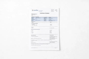 certificate of analysis document for supplements on white desk with minimal clinical setup