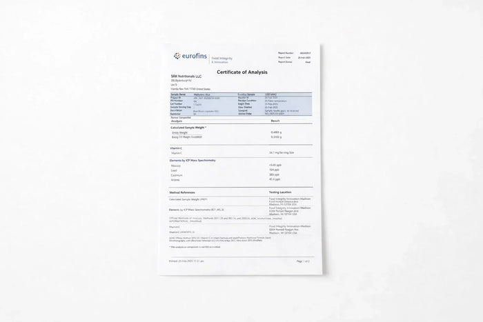certificate of analysis document for supplements on white desk with minimal clinical setup