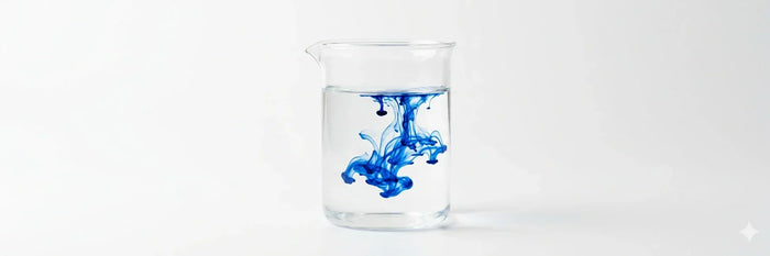 A high-resolution, wide-aspect panoramic image of a single clear glass laboratory beaker centered against a seamless, bright white background. Inside the beaker, clear water is being infused with deep blue methylene blue, which is diffusing into elegant, 