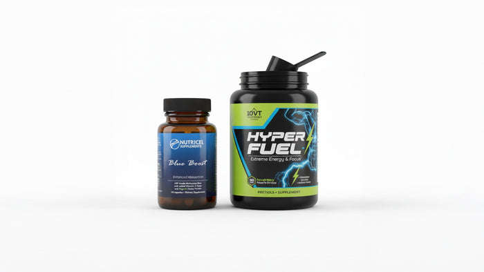 Nutricel Blue Boost bottle next to a Hyper Fuel pre workout container on a white background