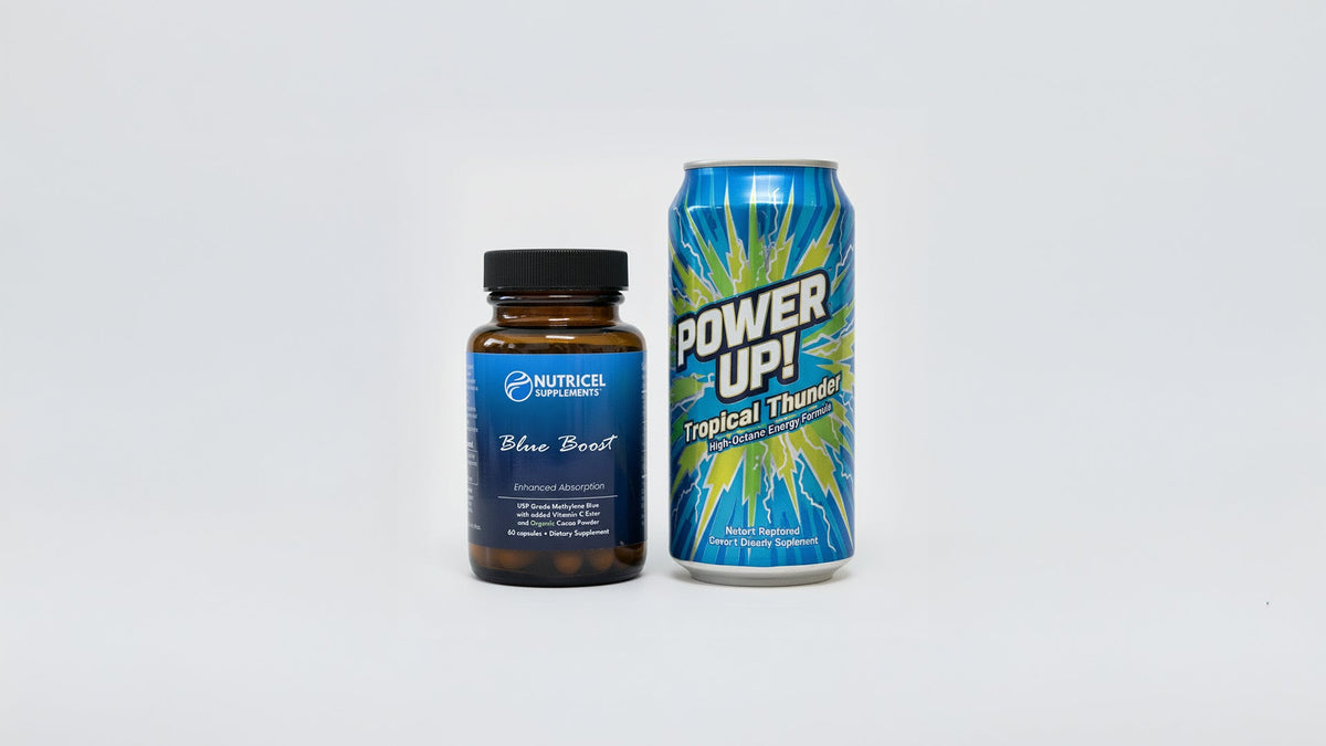 Product photo showing Nutricel Supplements Blue Boost bottle next Power Up Tropical Thunder energy drink can both featuring blue themed packaging white background