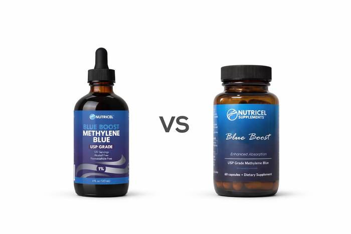 Methylene blue liquid vs capsules comparison with Nutricel Blue Boost dropper bottle and capsule bottle on white background