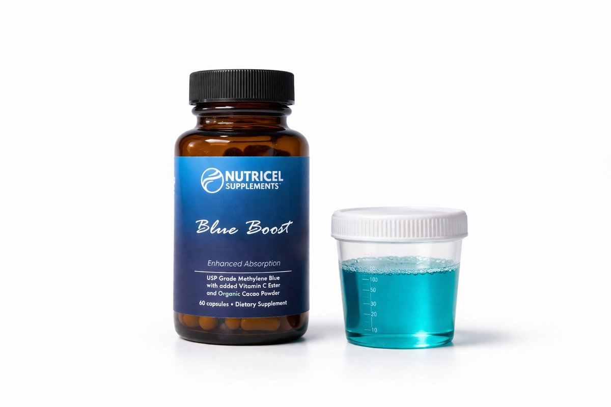 Nutricel Blue Boost supplement bottle next to a clear cup of bright teal-blue liquid on a clean white background.