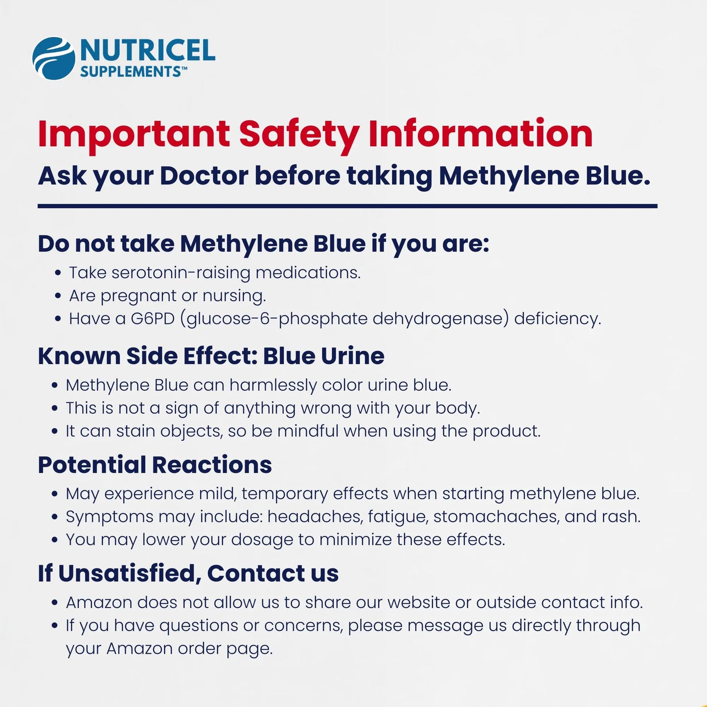 Nutricel Supplements safety information card for Methylene Blue on a white background