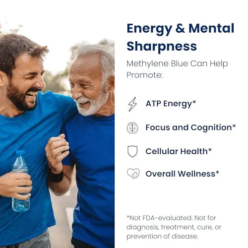 Two men in blue shirts with text about Methylene Blue's benefits for energy and mental sharpness.