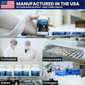 Collage of a pharmaceutical manufacturing process with text indicating 'Manufactured in the USA' and 'Family Owned Company'.