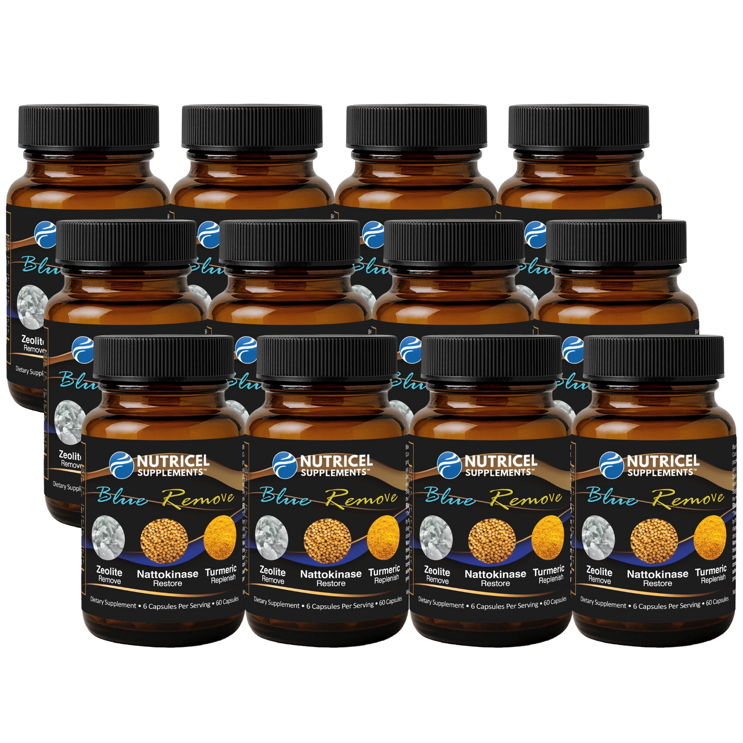 Multiple bottles of Nutricel Supplements Blue Remove on a white background