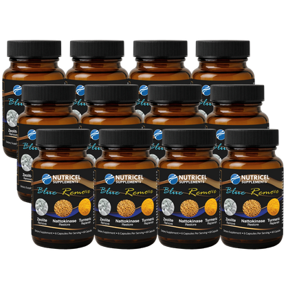 Multiple bottles of Nutricel Supplements Blue Remove on a white background