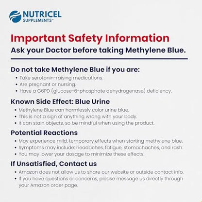 Safety information card for Nutricel Supplements' Methylene Blue product with contact details.