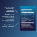 Supplement facts label with Methylene Blue, Vitamin C, and Cacao Powder on a blue background