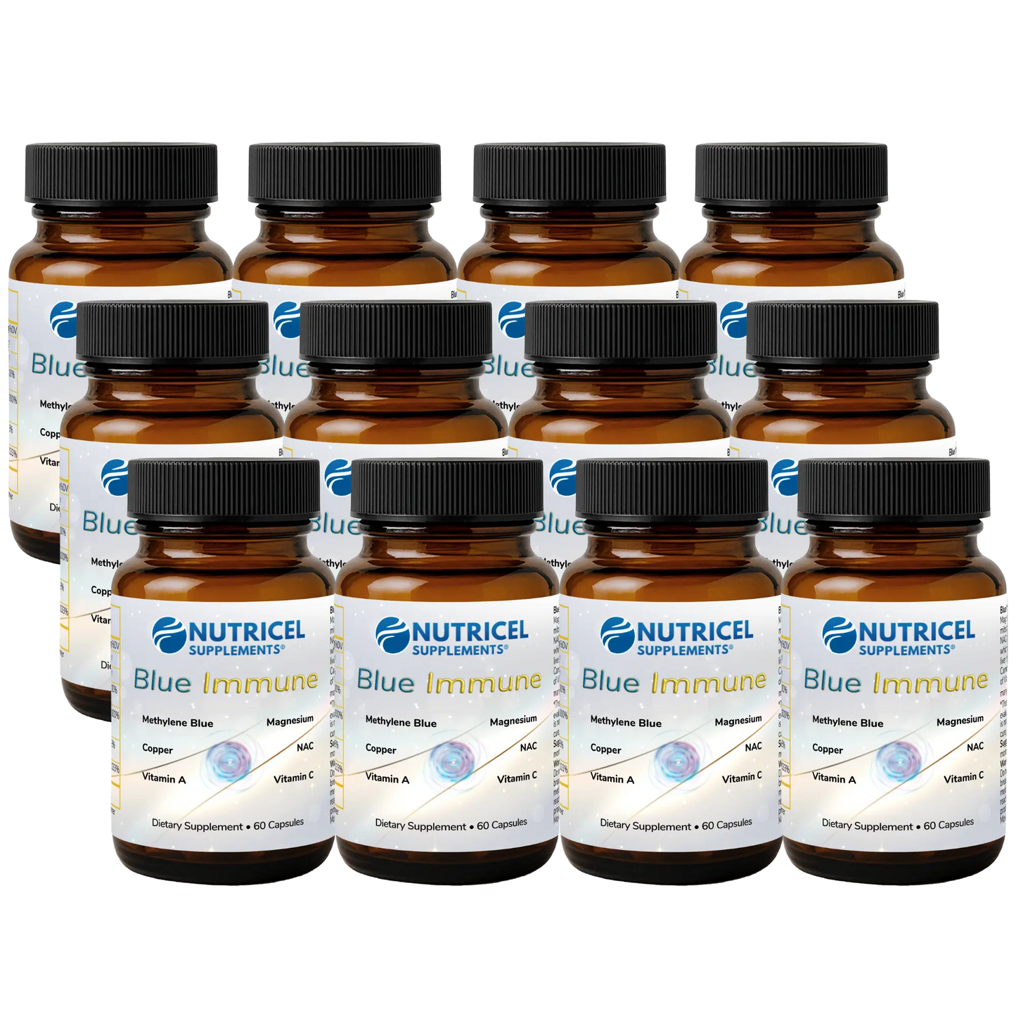 Multiple bottles of Nutricel Blue Immune supplement on a white background