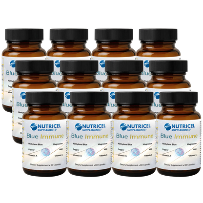 Multiple bottles of Nutricel Blue Immune supplement on a white background