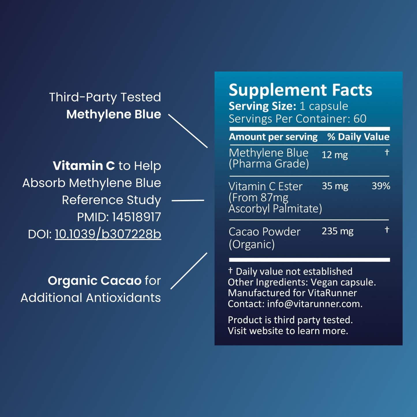 Blue Boost | Methylene Blue Capsules with Vitamin C Ester and Organic Cacao Powder