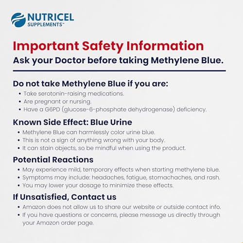 Nutricel Supplements safety information card for Methylene Blue
