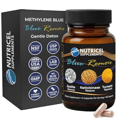 Nutricel Supplements Blue Remove bottle and packaging on a white background