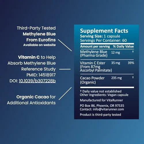 Supplement facts label with Methylene Blue, Vitamin C, and Cacao Powder on a blue background