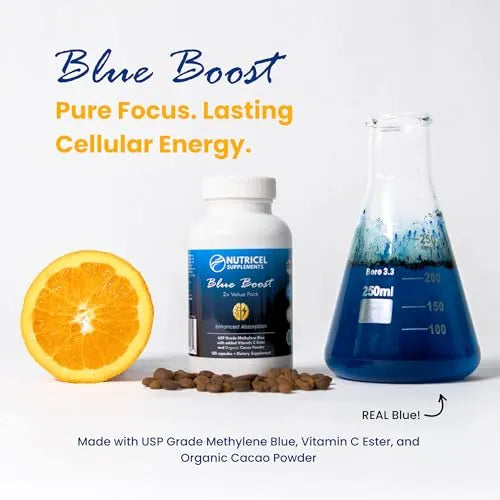 Nutricel Blue Boost supplement bottle with an orange, pills, and a beaker on a white background.