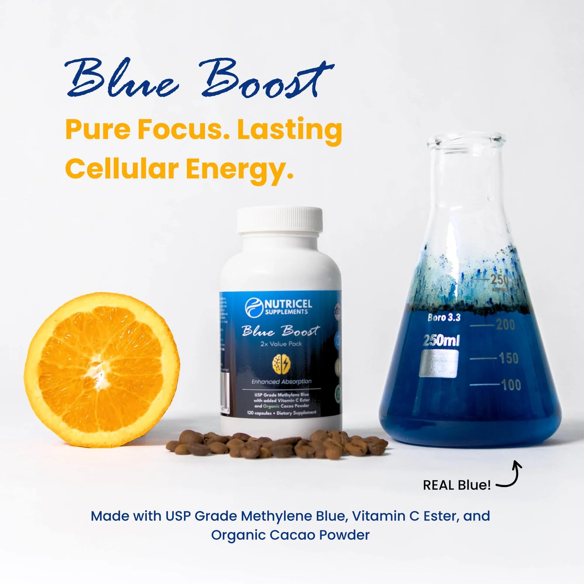 Nutricel Blue Boost supplement bottle with an orange, pills, and a beaker of blue liquid on a white background.