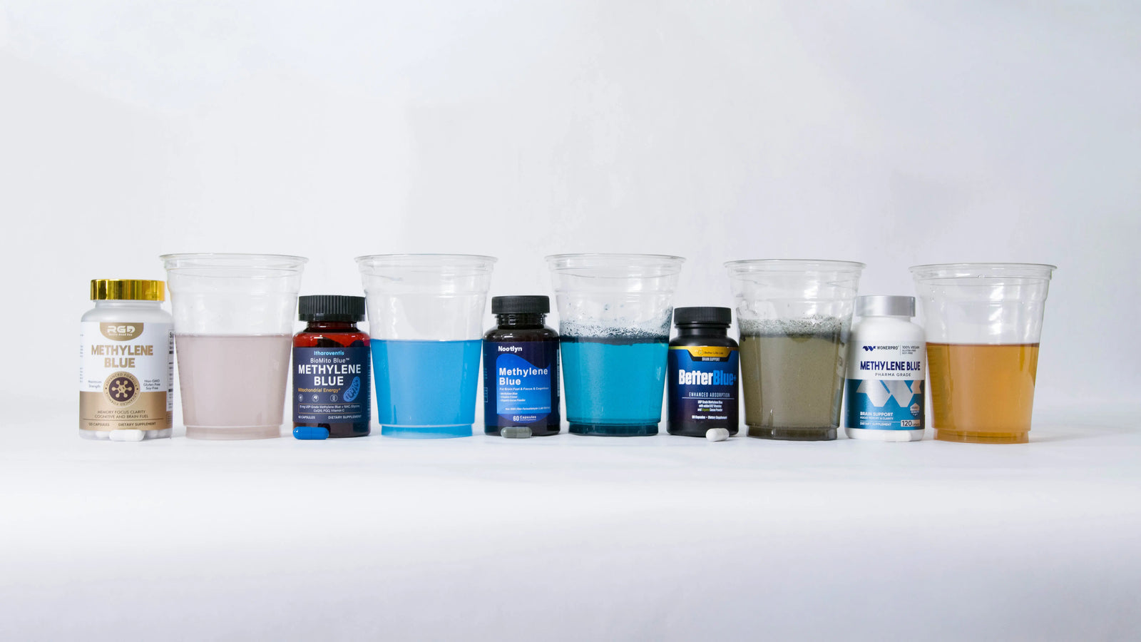 Water tests of competing methylene blue brands, side by side