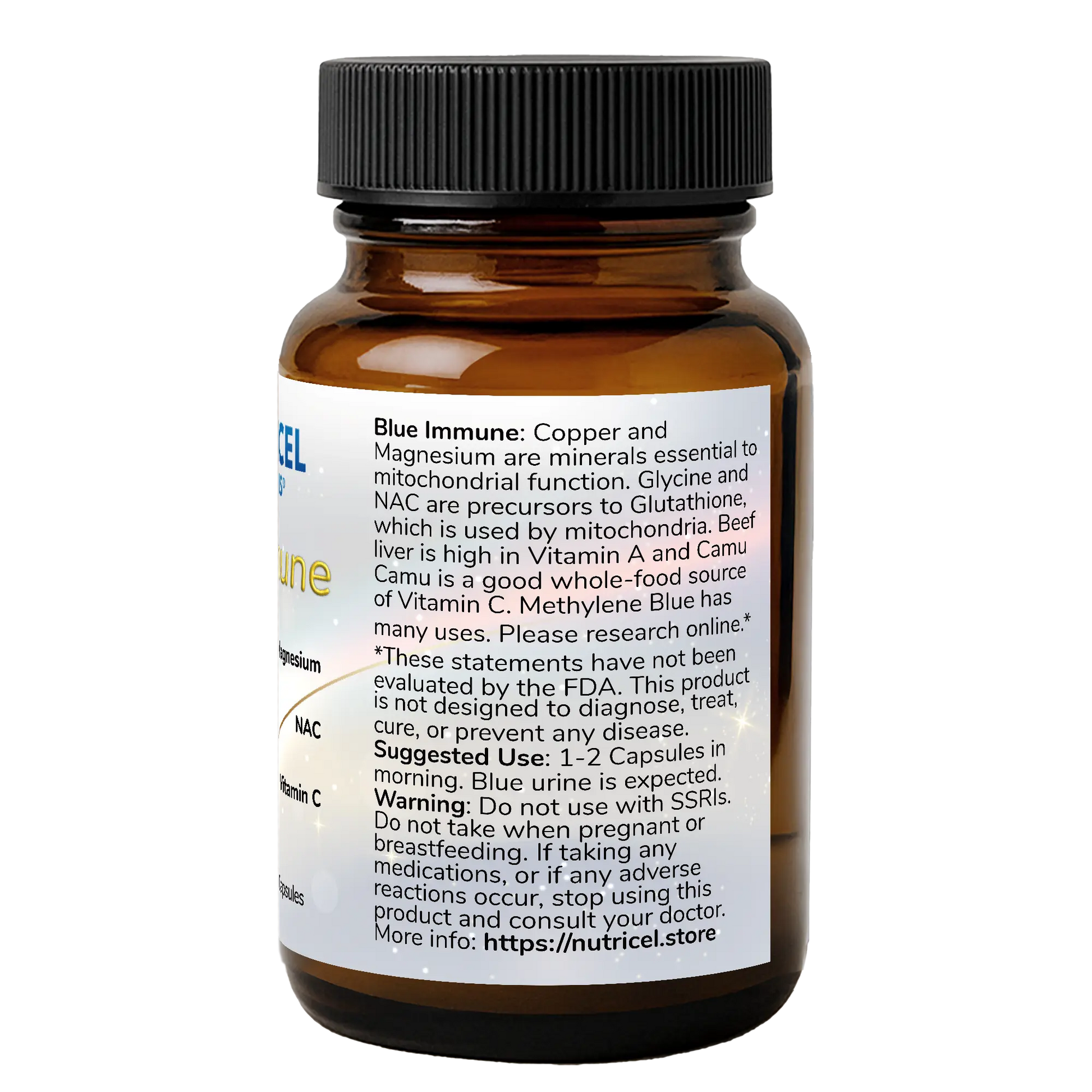 Brown supplement bottle with label on a white background