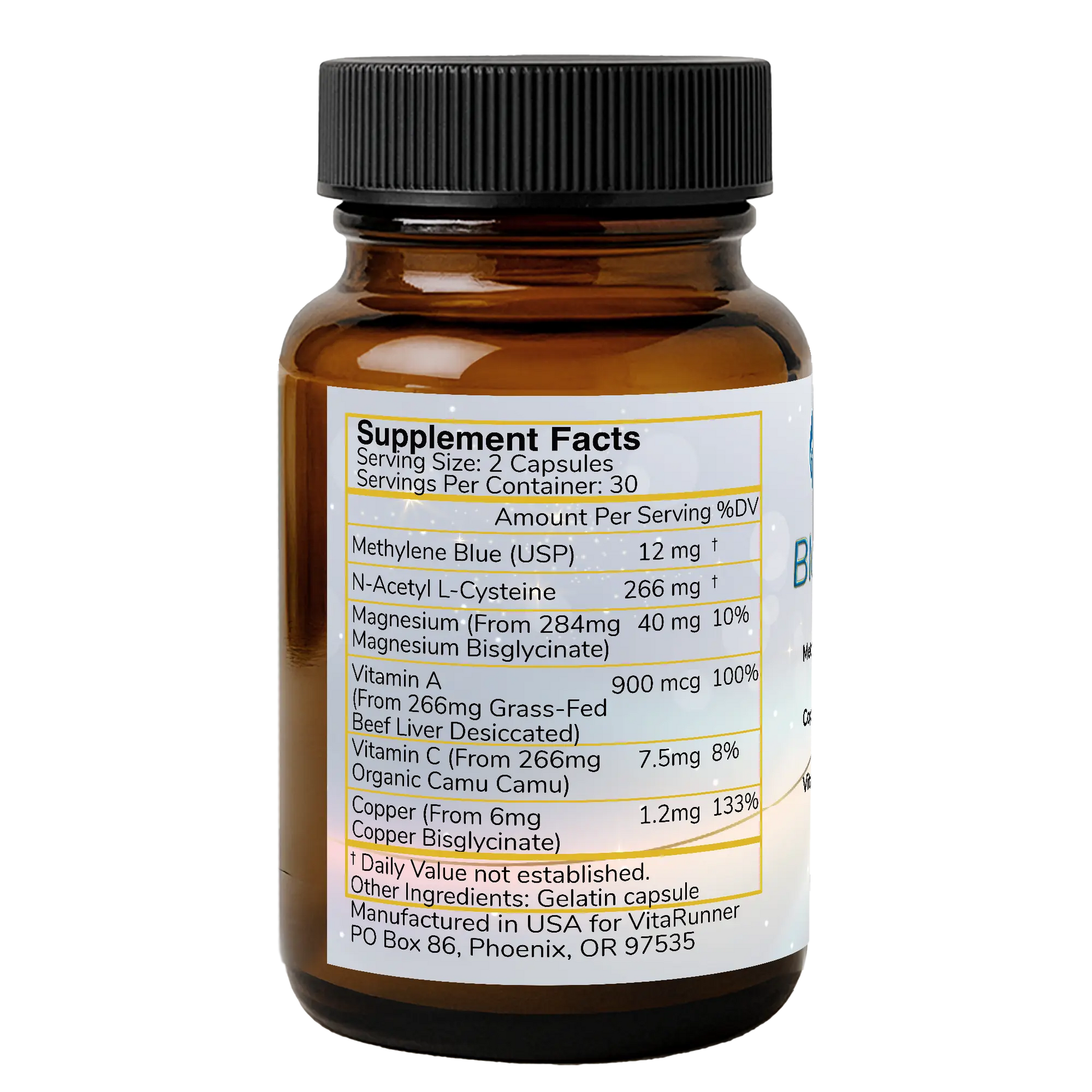 Supplement bottle with label on a white background
