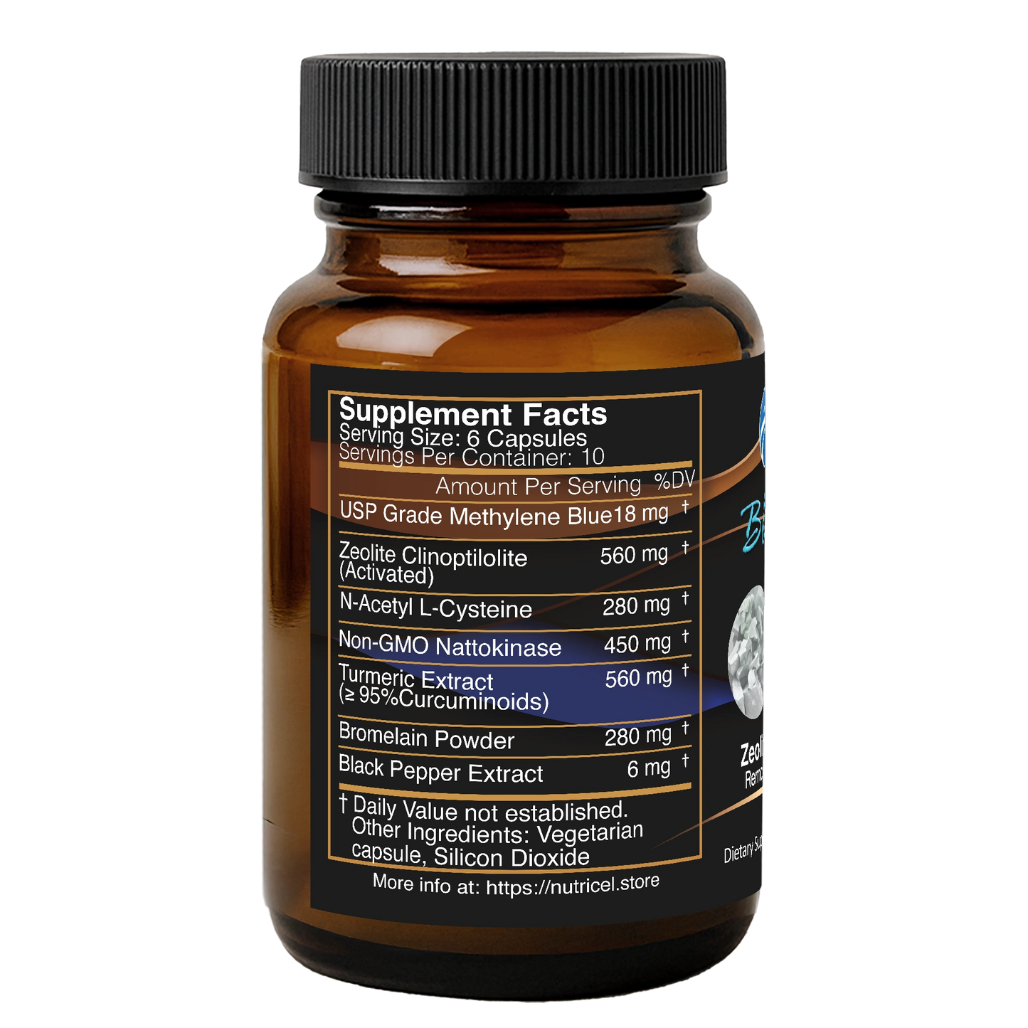 Brown supplement bottle with label on a white background