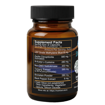 Brown supplement bottle with label on a white background