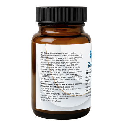 Methylene Blue Pharmaceutical Grade Capsules, with Added Glycine + NAC for Enhanced Antioxidant Activity, Collagen and Creatine for Anti-Aging Support, Youth and Longevity Formula