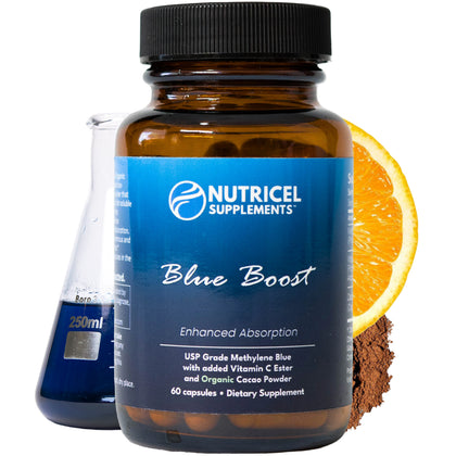 Supplement bottle labeled 'Blue Boost' by Nutricel Supplements with an orange slice and a beaker in the background.