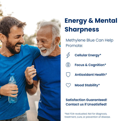 Two men in blue shirts smiling outdoors with text about Methylene Blue's benefits on the right.