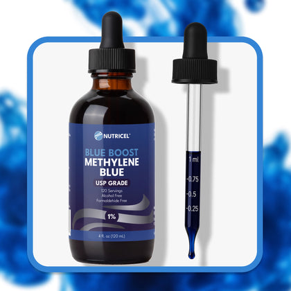 Nutricel Blue Boost Methylene Blue bottle with dropper on a blue background