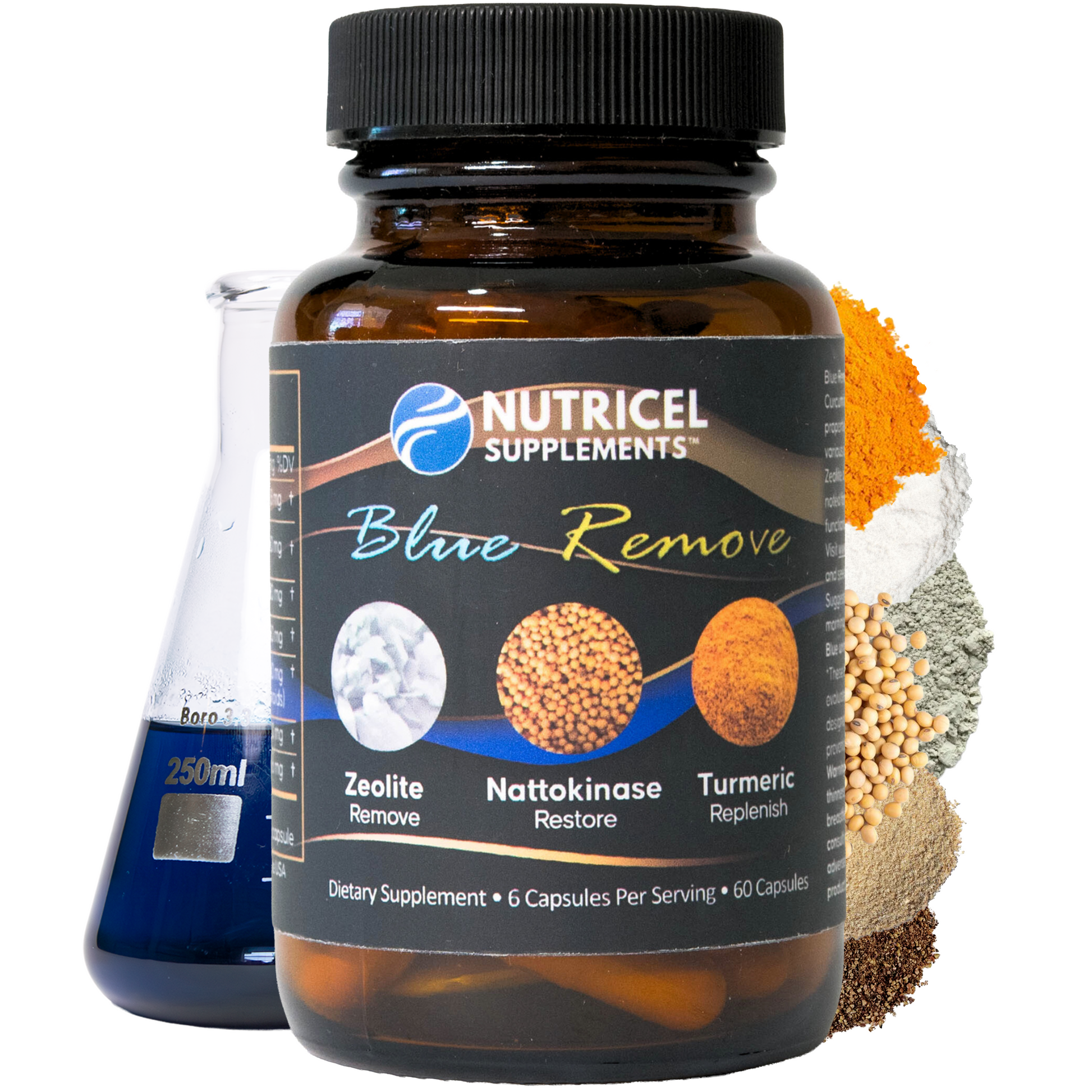 Nutricel Supplements Blue Remove dietary supplement bottle with ingredients in the background