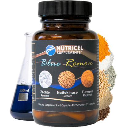 Nutricel Supplements Blue Remove dietary supplement bottle with ingredients in the background