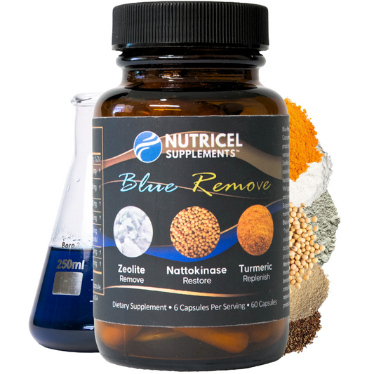 Nutricel Supplements Blue Remove dietary supplement bottle with ingredients in the background
