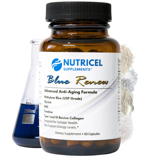 Nutricel Supplements Blue Renew bottle with USP-grade methylene blue capsules, collagen, NAC, glycine, and creatine, displayed beside a laboratory beaker containing blue liquid.