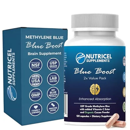 Nutricel Supplements Blue Boost brain supplement bottle and packaging on a white background