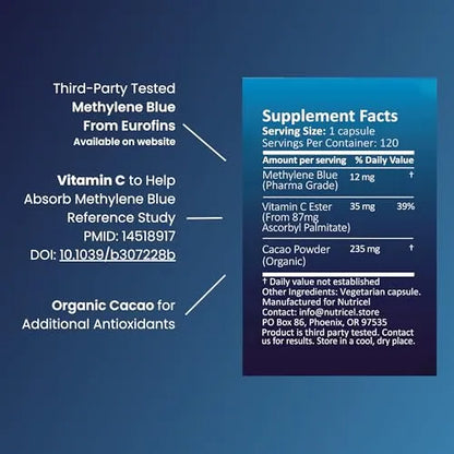 Supplement facts label with Methylene Blue, Vitamin C, and Cacao Powder on a blue background