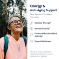Person outdoors with text about energy and anti-aging support