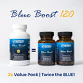 Nutricel Supplements Blue Boost 120 packaging with two brown bottles and one white bottle on a light gray background.
